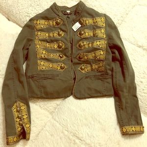 Free People Olive and Gold Twill Band Jacket